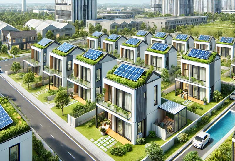 Moderne, energieeffiziente Neubauten im Niedrigpreissegment mit Solarpanels und grünen Flächen – visualisiert im Rahmen der KfW 296 Förderung.
