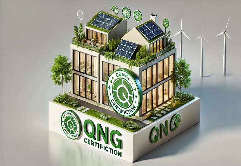 Nachhaltiges Wohngebäude mit QNG-Siegel, begrünten Dächern und umweltfreundlicher Architektur – konzipiert nach den Standards der KfW 296 Förderung.