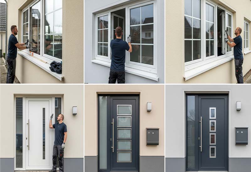 Neue, energieeffiziente Fenster und moderne Türen an einem Einfamilienhaus - KfW 358.
