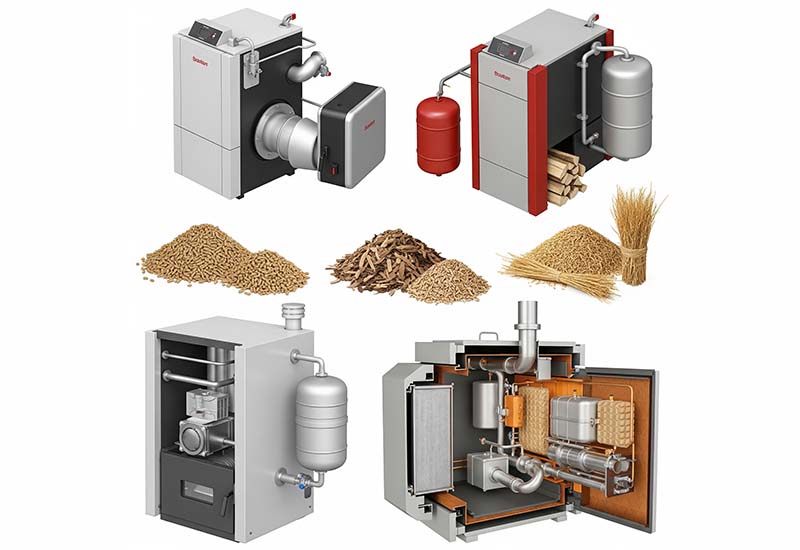 Detaillierte Illustration eines Pelletkessels mit Brennkammer und Pelletlager, zeigt Biomasseheizung für KfW 458 Förderung.