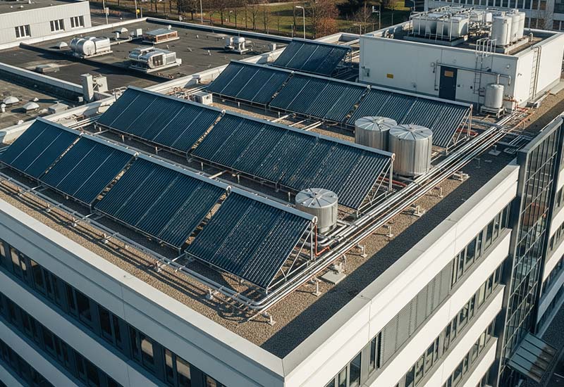 Luftaufnahme von Solarthermieanlagen auf einem modernen Gebäude, zeigt erneuerbare Energie für KfW 458 Förderung.