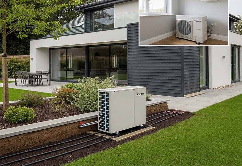 Modernes Haus mit integriertem Erdwärmepumpensystem, symbolisiert effiziente KfW 458 Heizungsförderung.