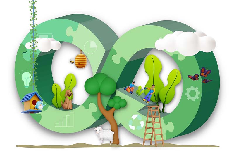 Illustration zum Thema umweltschonende Produktion und Kreislaufwirtschaft im Kontext des KfW Umweltprogramms